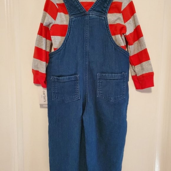 CARTER'S Baby Boy Red Striped Shirt Blue Jean Overalls Outfit 18M 18 Months NWT - Picture 2 of 2